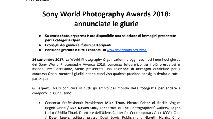 Sony World Photography Awards 2018: annunciate le giurie