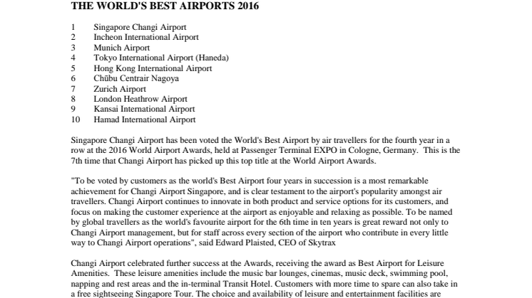 The World's Best Airports 2016