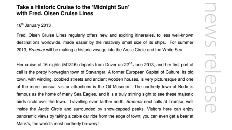 Take a Historic Cruise to the ‘Midnight Sun’ with Fred. Olsen Cruise Lines