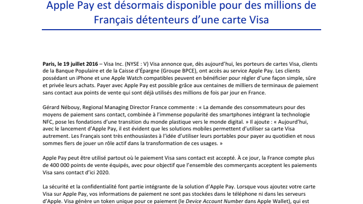 Apple Pay est désormais disponible pour des millions de Français détenteurs d’une carte Visa