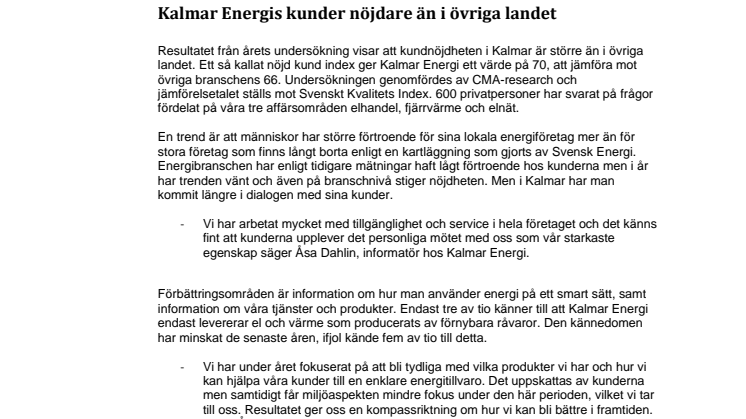 Kalmar Energis kunder nöjdare än i övriga landet