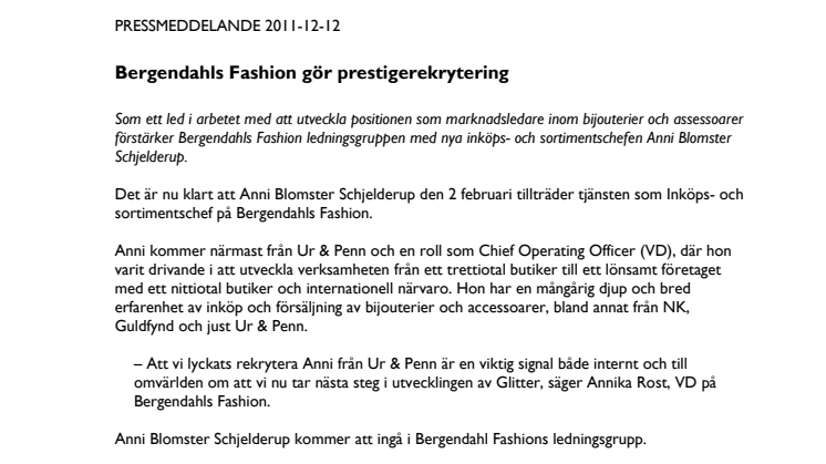 Bergendahls Fashion gör prestigerekrytering