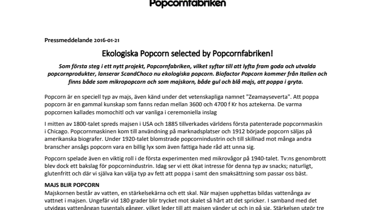 Ekologiska Popcorn selected by Popcornfabriken!