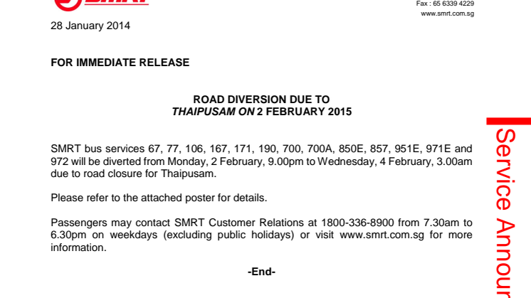 Road Diversion due to Thaipusam on 2 February 2015