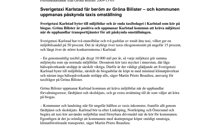 Sverigetaxi Karlstad får beröm av Gröna Bilister - och kommunen uppmanas påskynda taxis omställning