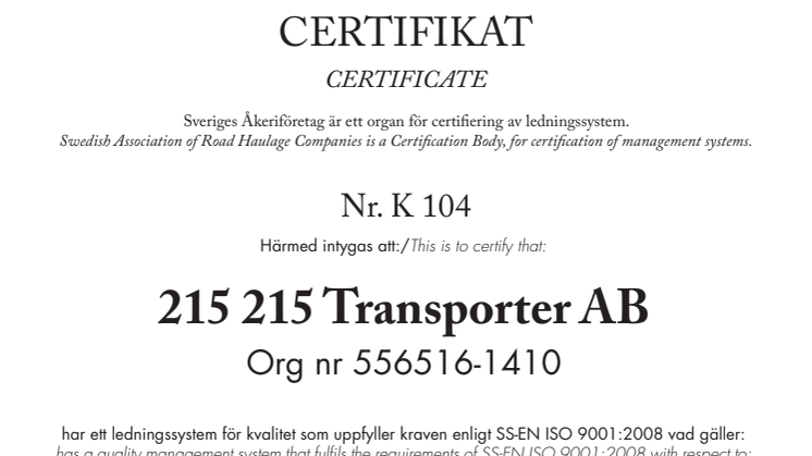 En av 215215 Transporters Miljö certifikat