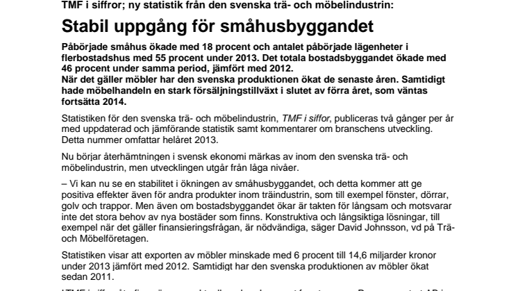 TMF i siffror; ny statistik från den svenska trä- och möbelindustrin: Stabil uppgång för småhusbyggandet