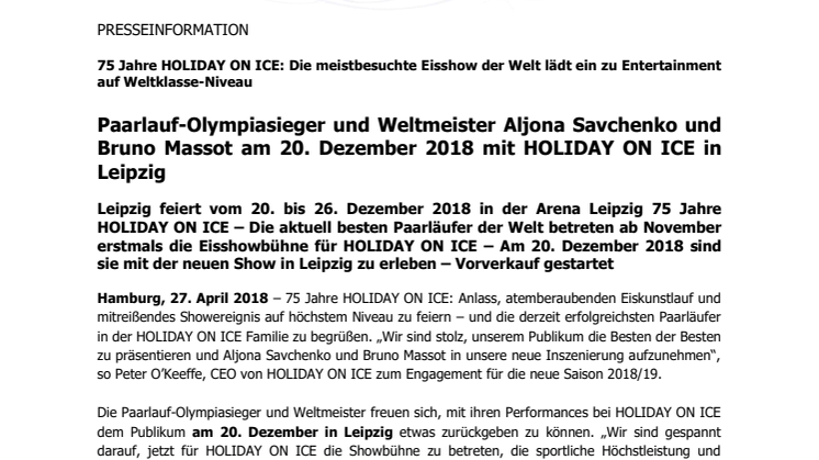 Paarlauf-Olympiasieger und Weltmeister Aljona Savchenko und Bruno Massot am 20. Dezember 2018 mit HOLIDAY ON ICE in Leipzig 