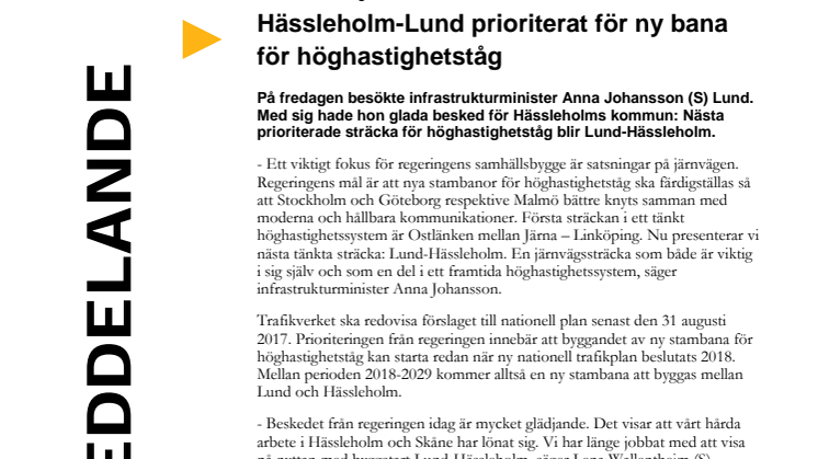 Hässleholm-Lund prioriterat för ny bana för höghastighetståg