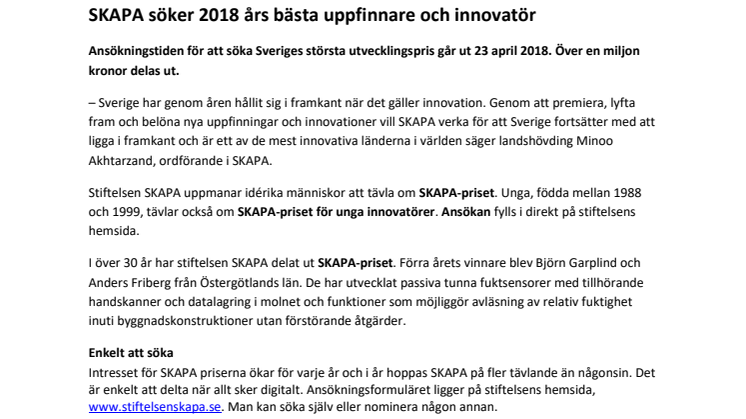 SKAPA söker 2018 års bästa uppfinnare och innovatör 