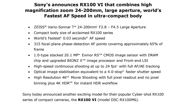 Sony presenterer RX100 VI med 24-200mm-objektiv og verdens raskeste autofokus