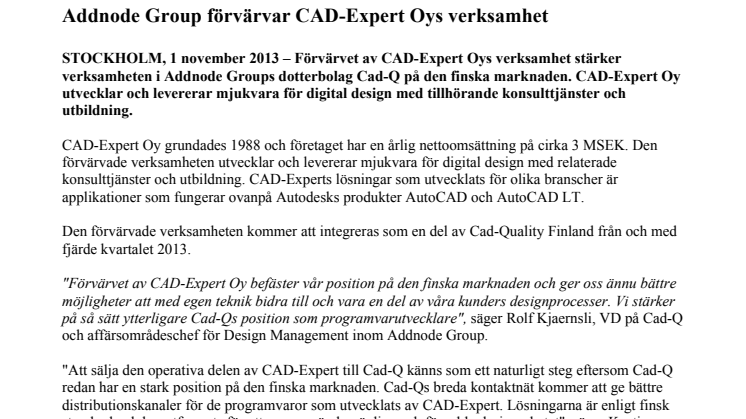 Addnode Group förvärvar CAD-Expert Oys verksamhet