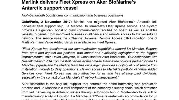 Marlink: Marlink delivers Fleet Xpress on Aker BioMarine’s Antarctic support vessel 