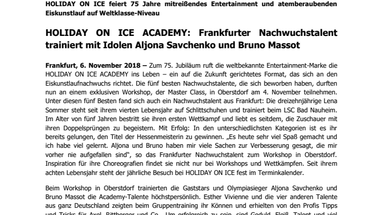 HOLIDAY ON ICE ACADEMY: Frankfurter Nachwuchstalent trainiert mit Idolen Aljona Savchenko und Bruno Massot  