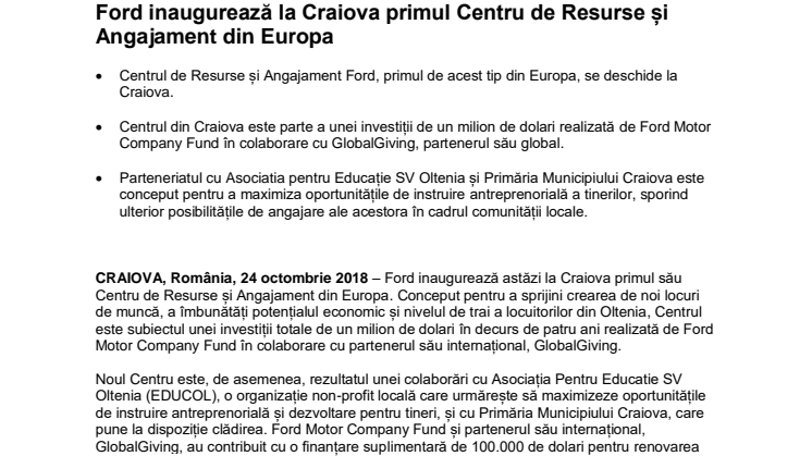 Ford inaugurează la Craiova primul Centru de Resurse și Angajament din Europa