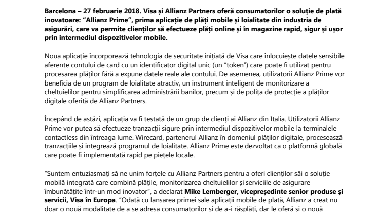Allianz și Visa lansează o aplicație de plăți mobile și loialitate