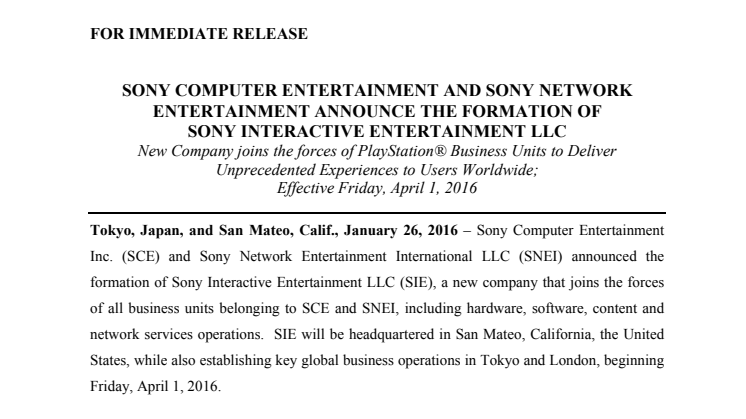​Sony Computer Entertainment och Sony Network Entertainment bildar Sony Interactive Entertainment LLC