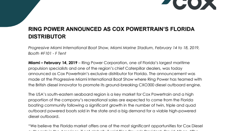 Cox Powertrain: Ring Power Announced as Cox Powertrain's Florida Distributor