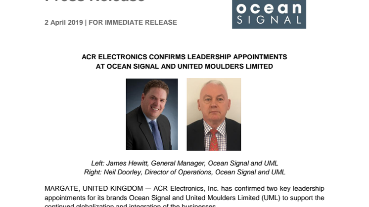 ACR Electronics Confirms Leadership Appointments at Ocean Signal and United Moulders Limited