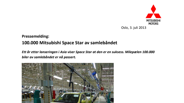 100.000 Mitsubishi Space Star av samlebåndet