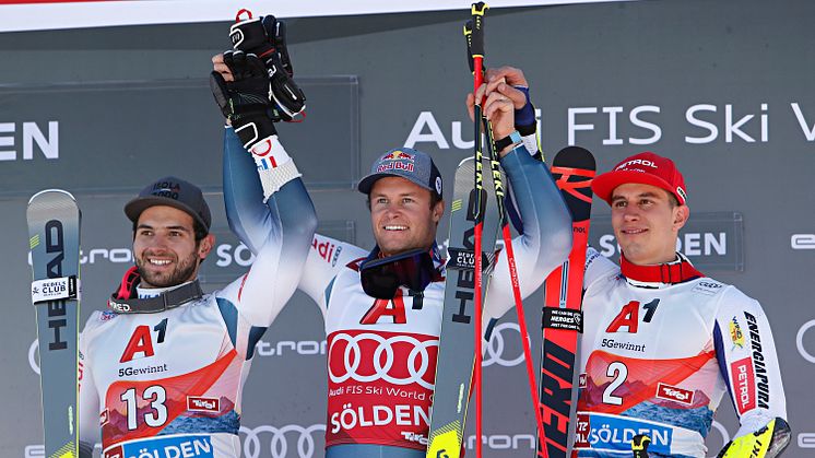 Mathieu Faivre (2. Platz), Alexis Pinturault (1. Platz), Zan Kranjec (3. Platz)