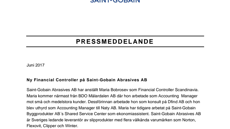 Ny Financial Controller på Saint-Gobain Abrasives AB