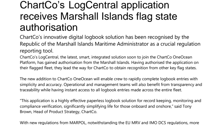 ChartCo’s  LogCentral application receives Marshall Islands flag state authorisation