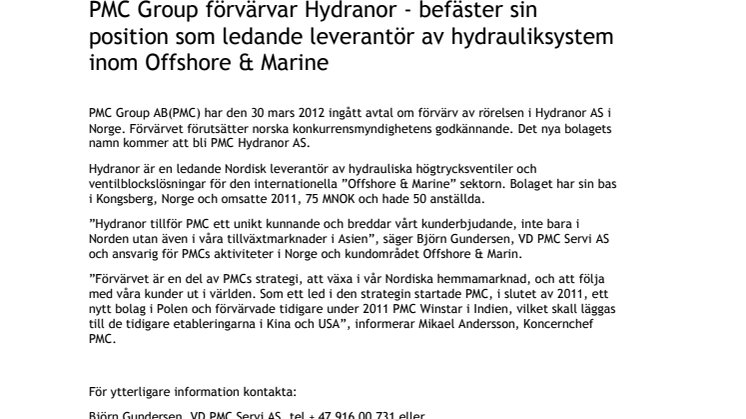 PMC Group förvärvar norskt bolag - Hydranor AS 