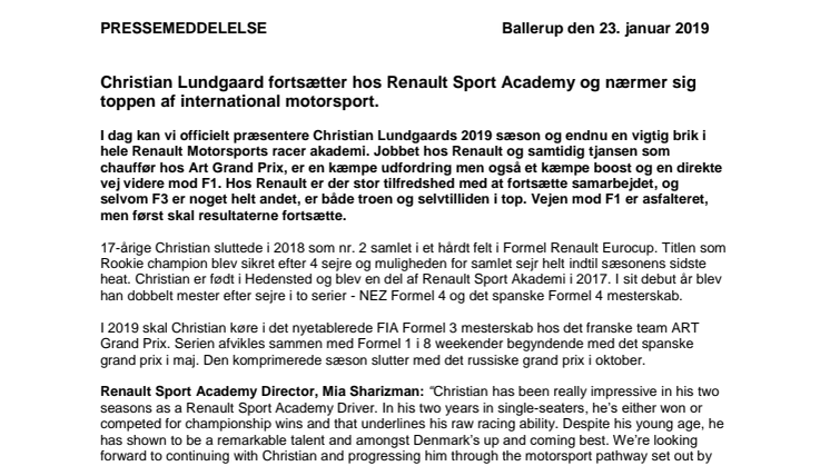 Christian Lundgaard fortsætter hos Renault Sport Academy og nærmer sig toppen af international motorsport