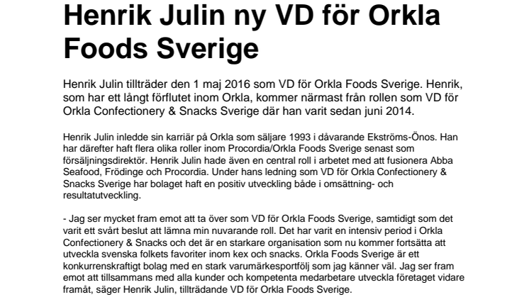 Henrik Julin ny VD för Orkla Foods Sverige