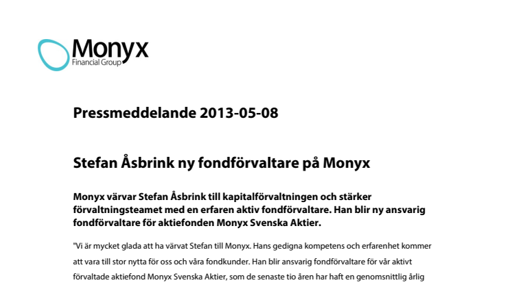 Stefan Åsbrink ny fondförvaltare på Monyx 