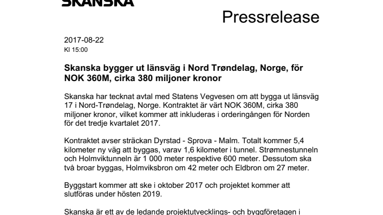 Skanska bygger ut länsväg i Nord Trøndelag, Norge, för NOK 360M, cirka 380 miljoner kronor
