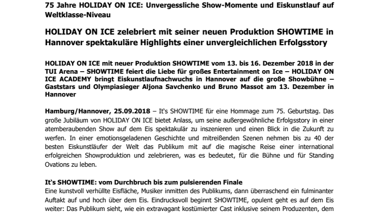 HOLIDAY ON ICE zelebriert mit seiner neuen Produktion SHOWTIME in Hannover spektakuläre Highlights einer unvergleichlichen Erfolgsstory