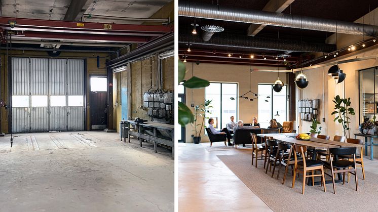 En verkstad i Markaryd har förvandlats till ett modernt kontor med hemmakänsla. Foto (tv): Sara Asplund