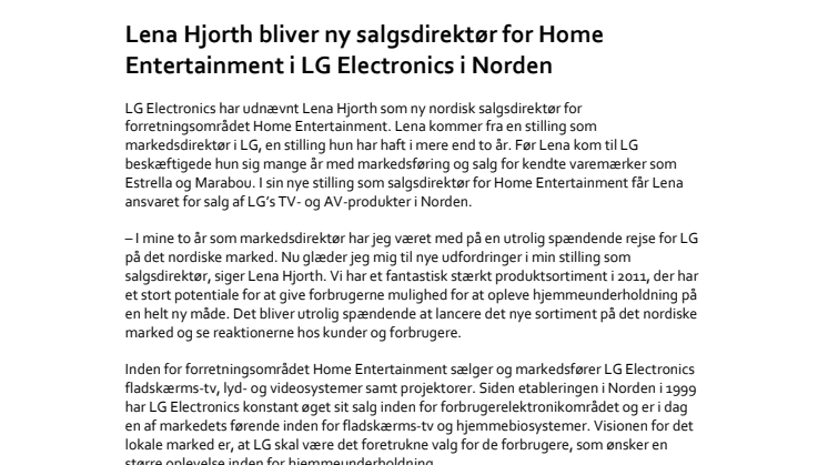 Lena Hjorth bliver ny salgsdirektør for Home Entertainment i LG Electronics i Norden