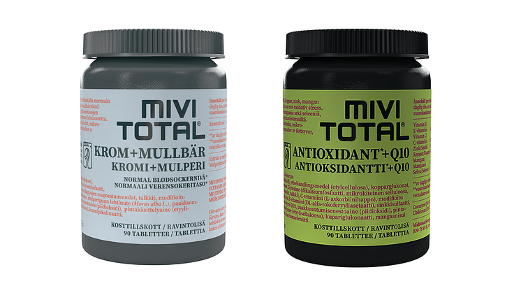 Mivitotals nya kosttillskott Krom + Mullbär för ett balanserat blocksocker samt Antioxidant + Q10.