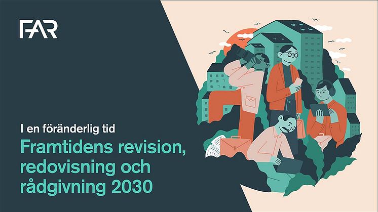 FAR:s tredje framtidsstudie har fokus hur branschen påverkas av de stora samhällsfrågorna hållbarhet och digitalisering, samt branschens möjlighet att klara den egna kompetensförsörjningen. Illustration: Miitta Kämäräinen