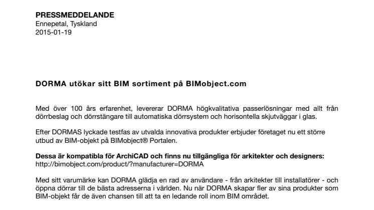 DORMA utökar sitt BIM sortiment på BIMobject.com