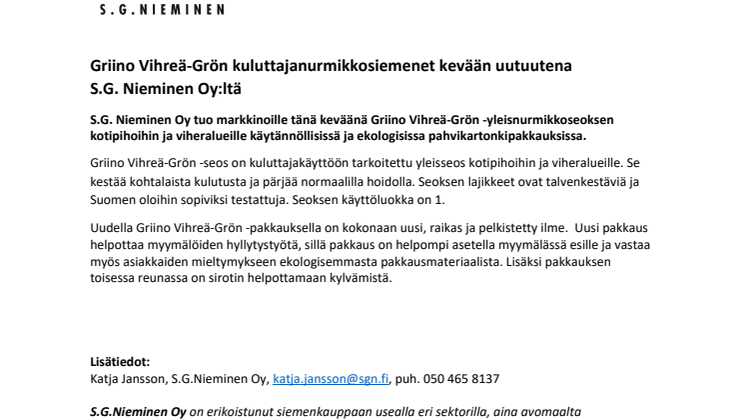 Griino Vihreä-Grön -kuluttajanurmikkosiemenet kevään uutuutena  S.G. Nieminen Oy:ltä
