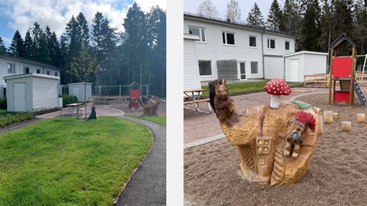 Lekplatsen på brf Cyklisten och konstverket "Tomtestubben".