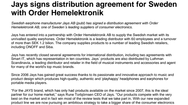 Jays signs distribution agreement for Sweden with Order Hemelektronik