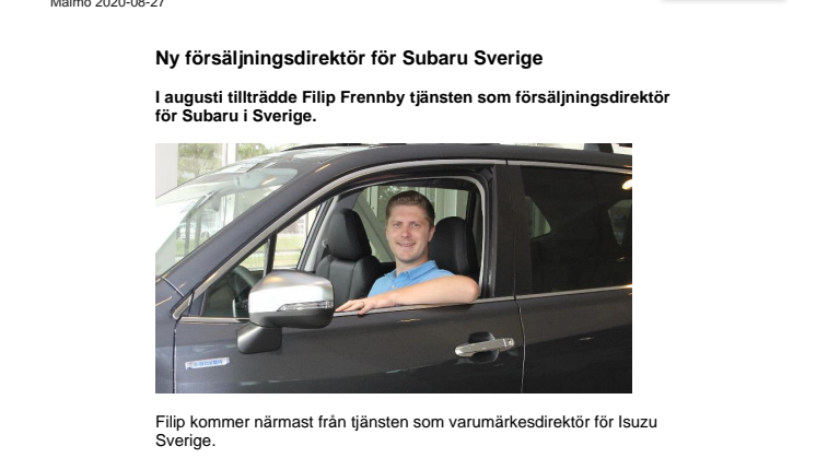 ​Ny försäljningsdirektör för Subaru Sverige