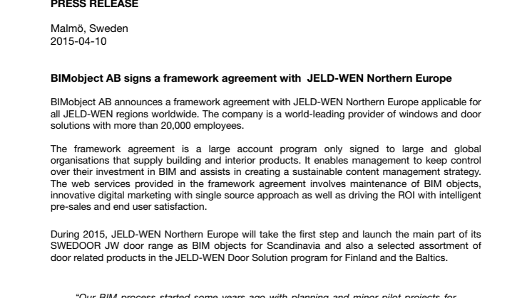 BIMobject AB signs a framework agreement with  JELD-WEN Northern Europe 