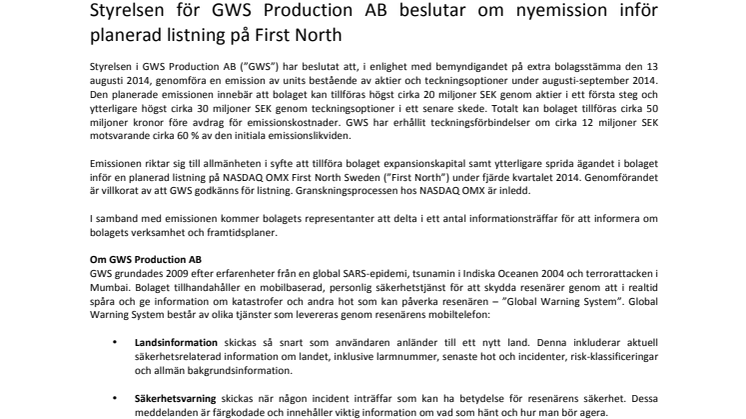 Styrelsen för GWS Production AB beslutar om nyemission inför planerad listning på First North