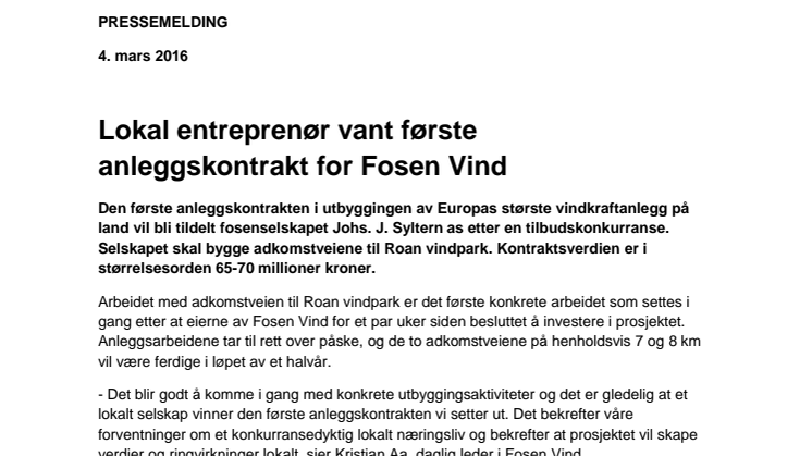 Lokal entreprenør vant første anleggskontrakt for Fosen Vind