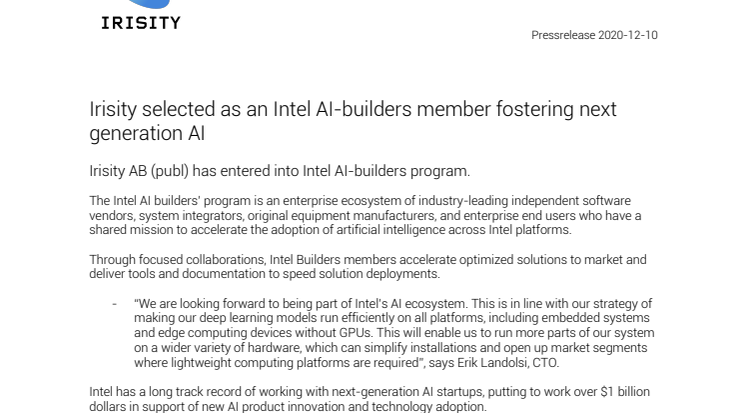 Irisity selected as an Intel AI-builders member fostering next generation AI