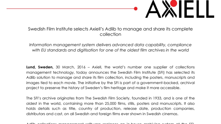 Swedish Film Institute selects Axiell’s Adlib to manage and share its complete collection