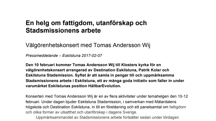 Välgörenhetskonsert med Tomas Andersson Wij, en helg om fattigdom, utanförskap och Stadsmissionens arbete  