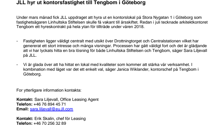 JLL hyr ut kontorsfastighet till Tengbom i Göteborg