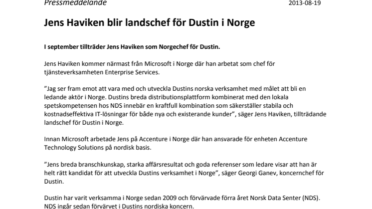Jens Haviken blir landschef för Dustin i Norge